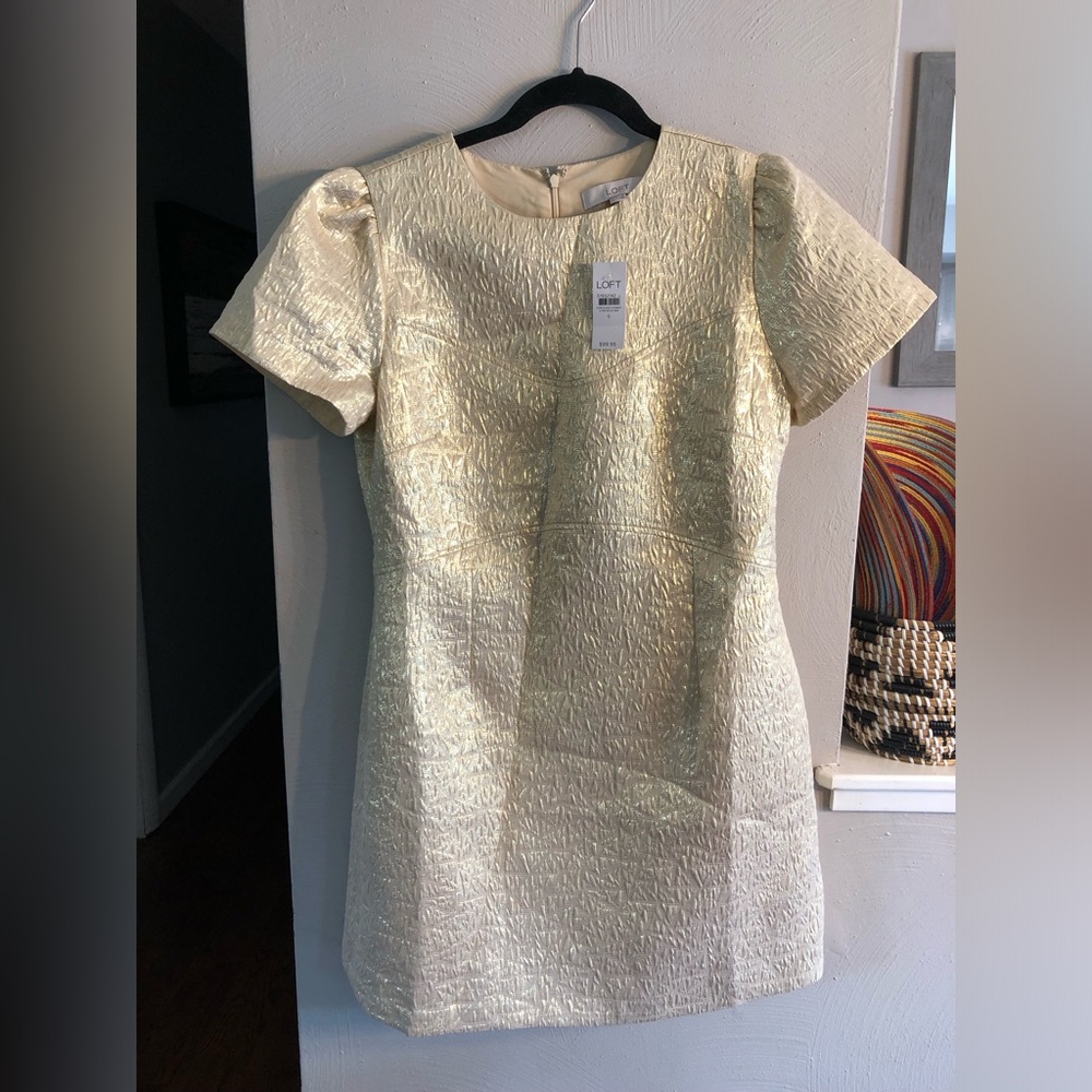 LOFT Metallic Gold Short-Sleeve Sheath Dress-NEW